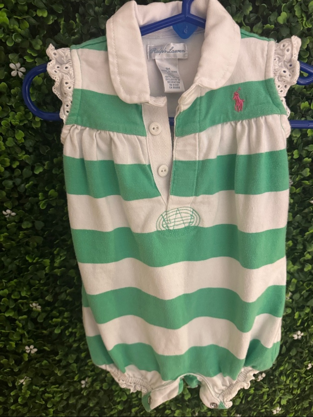 Ralph Lauren Mint Green & White Striped Polo Romper with Pink Pony